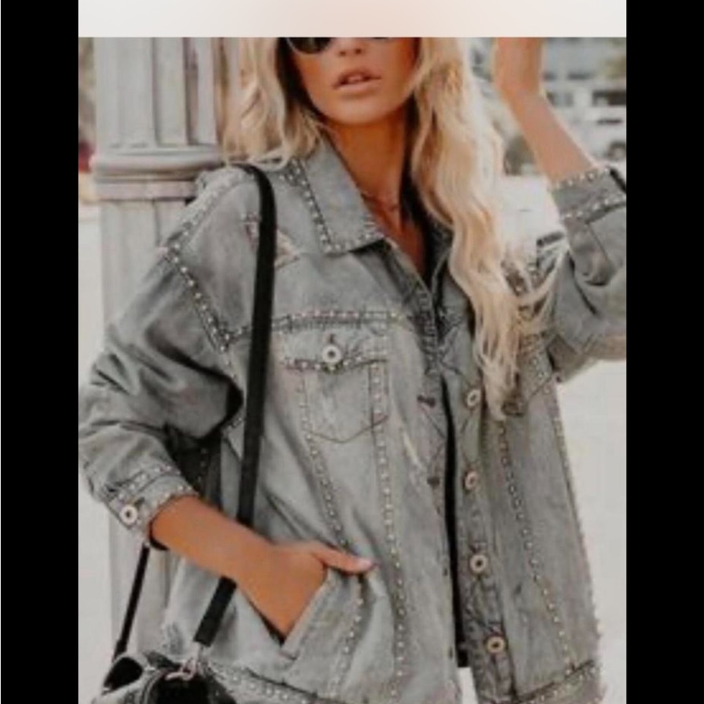 VICI Kind of a Big Deal Pocketed Studded Denim Jacket